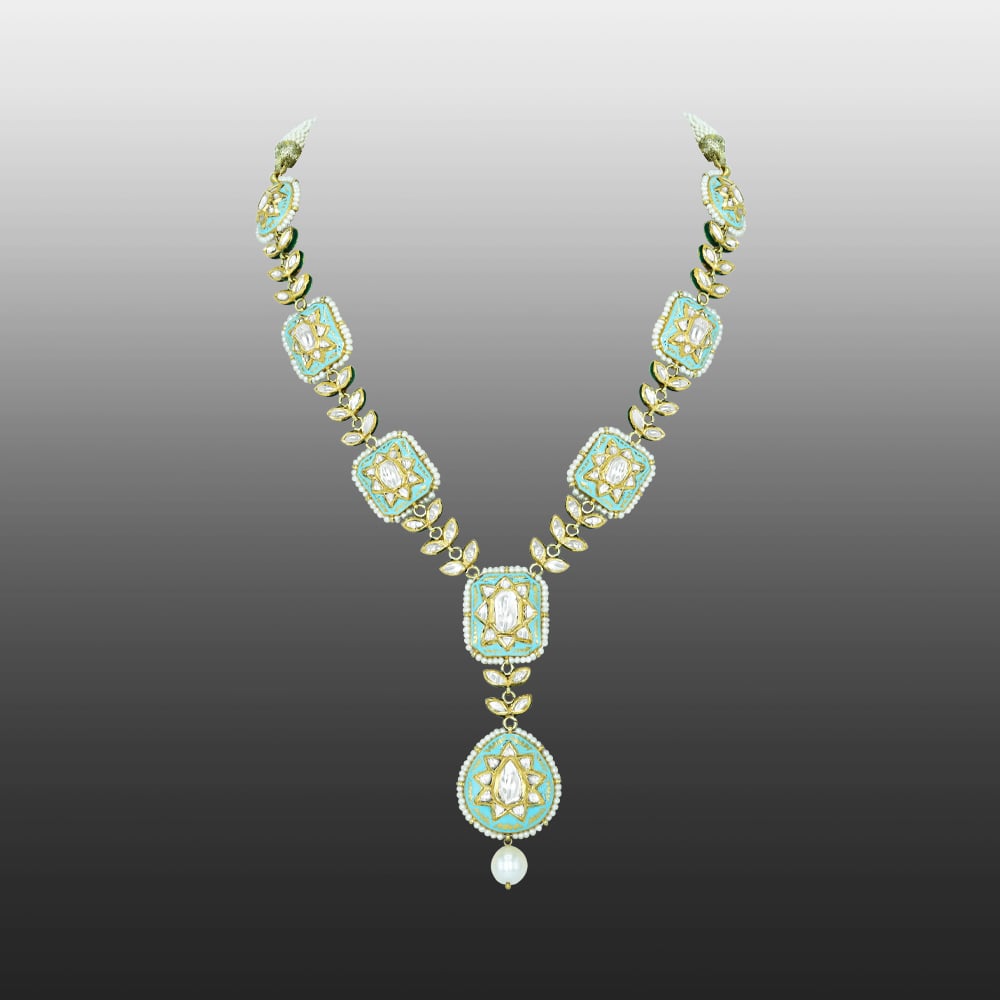 Square Polki Necklace with Turquoise Enamel and Pearl Drop